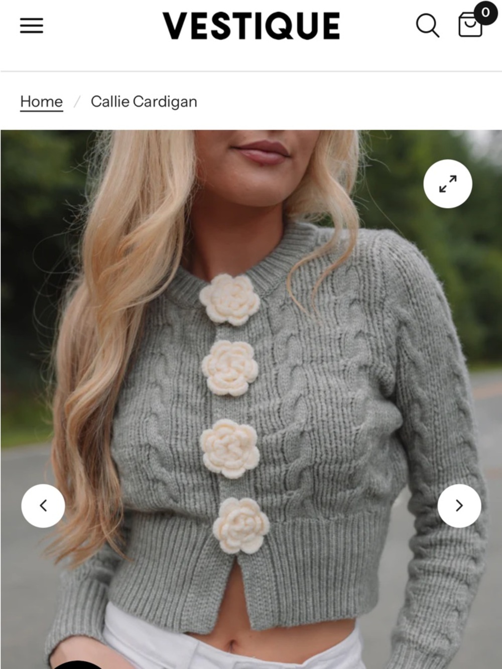 vestique Gray Cropped Cable-Knit Cardigan with Cream Floral Buttons